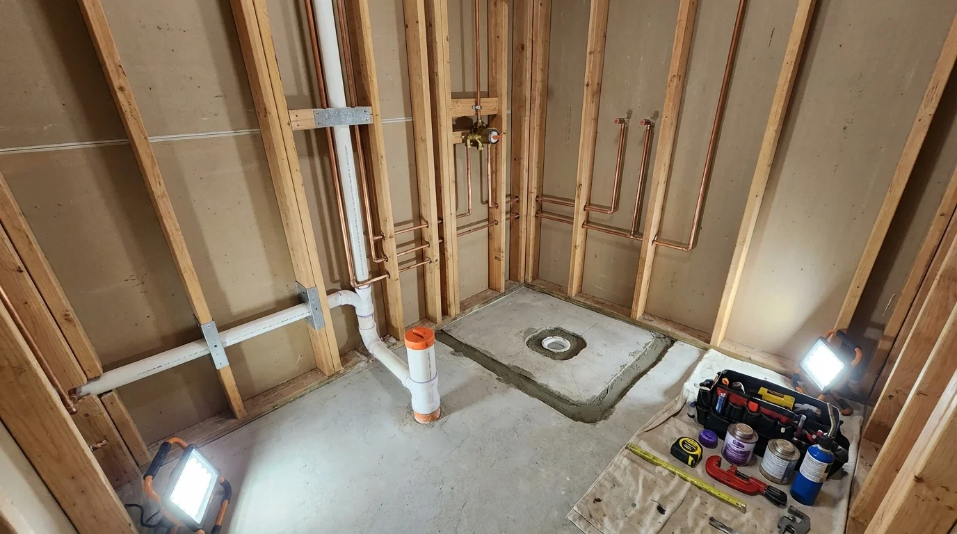 Bathroom rough-in plumbing during remodel by Johns Plumbing LLC in Rockton