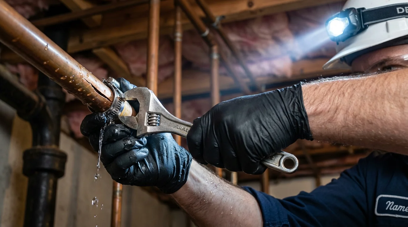 Emergency pipe clamp repair being performed by a Johns Plumbing LLC plumber in Rockton