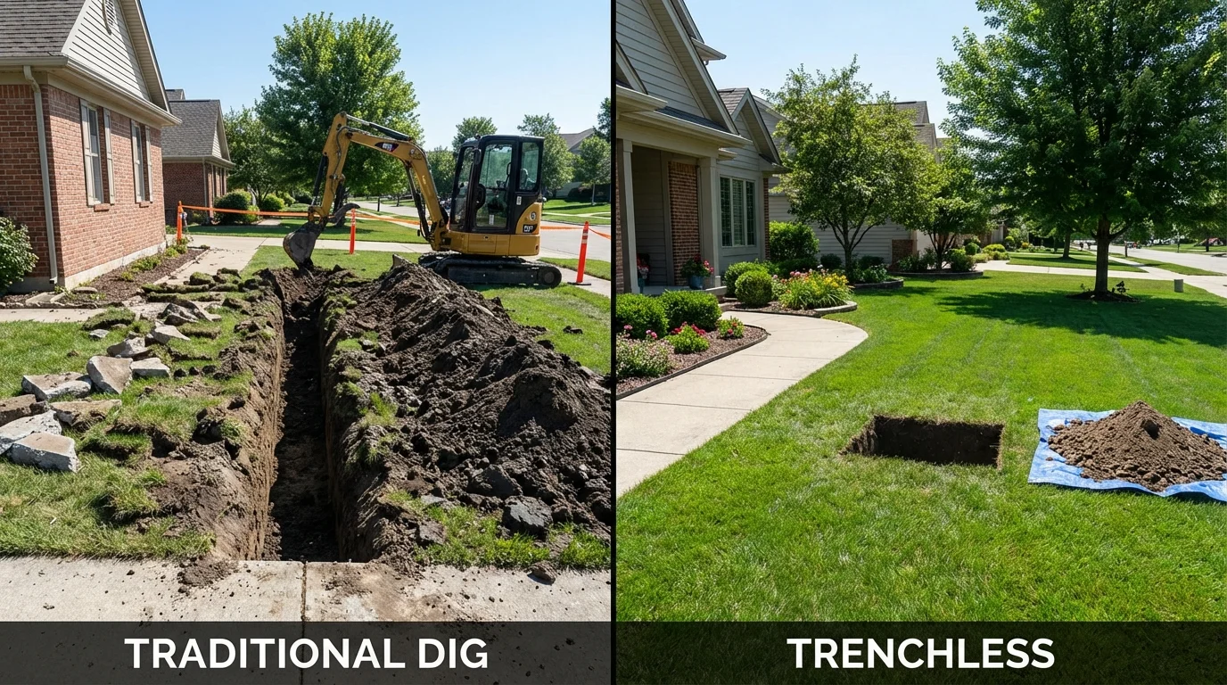 Trenchless sewer repair with minimal yard damage versus traditional excavation in Rockton, IL