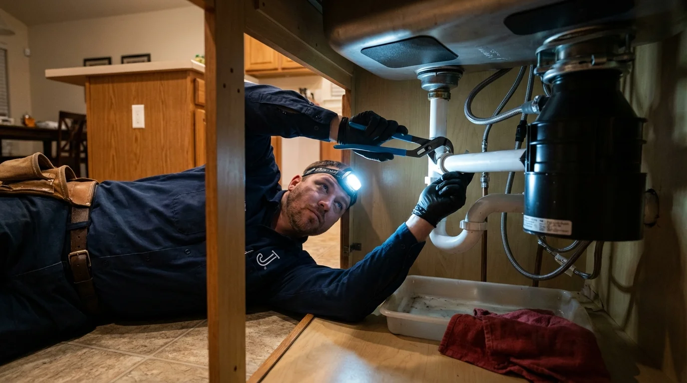 P-trap and supply line connections under a kitchen sink showing a common leak point in Rockton, IL